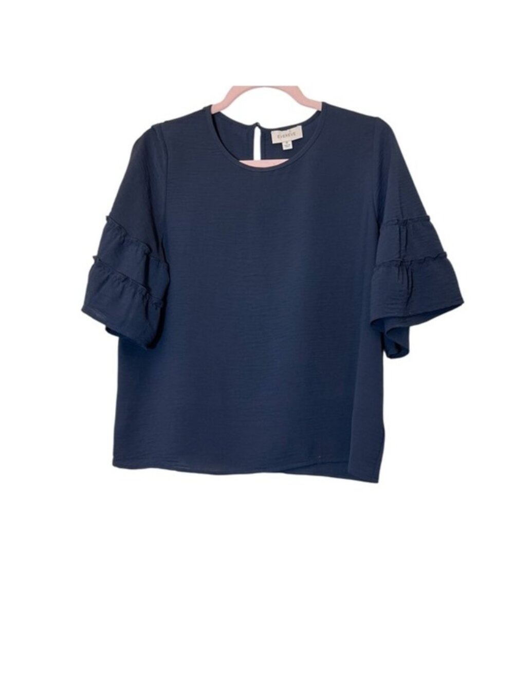 Evereve Tiered Ruffle Half Sleeve Blouse Size M Navy Office Business Casual